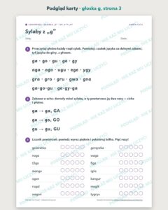 Głoska „g” — ćwiczenia logopedyczne, 6–9 lat, 6 kart PDF — podgląd karty, strona 3