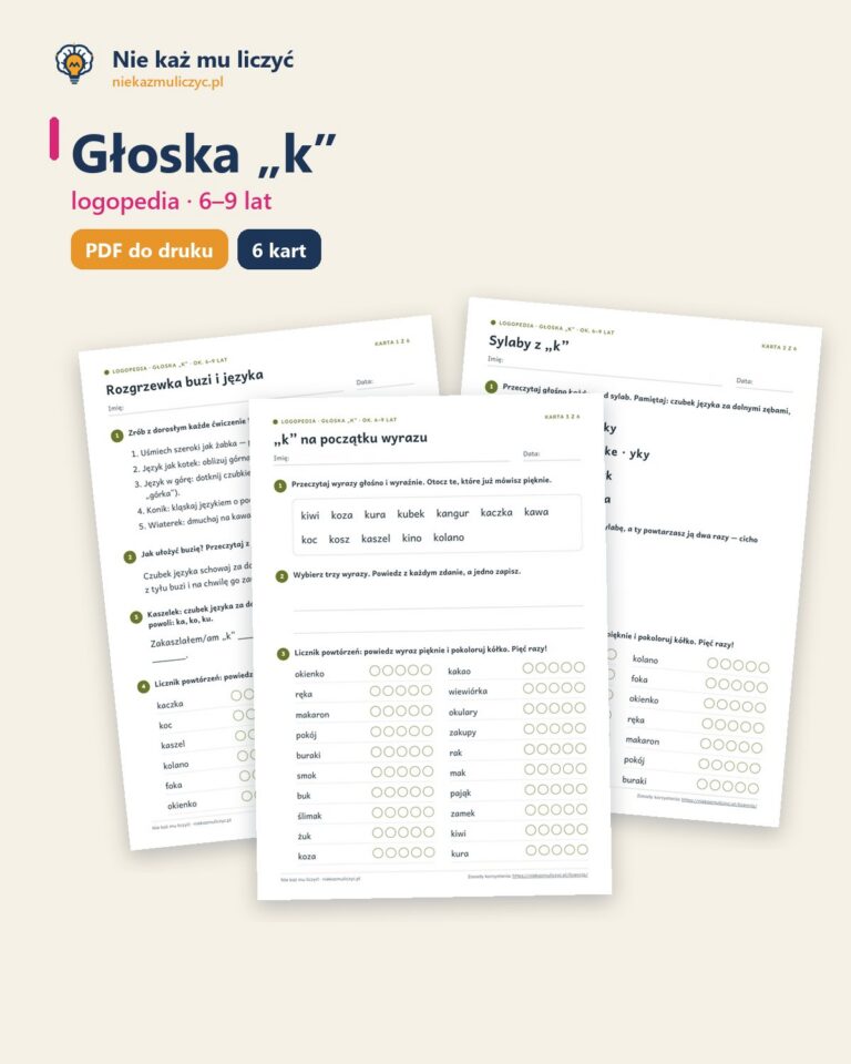 Głoska „k” — ćwiczenia logopedyczne, 6–9 lat, 6 kart PDF — okładka