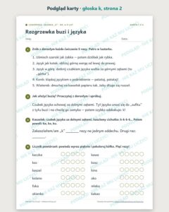 Głoska „k” — ćwiczenia logopedyczne, 6–9 lat, 6 kart PDF — podgląd karty, strona 2