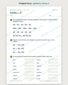 Głoska „k” — ćwiczenia logopedyczne, 6–9 lat, 6 kart PDF — podgląd karty, strona 3