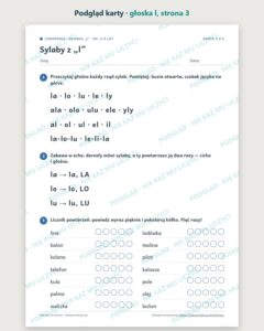 Głoska „l” — ćwiczenia logopedyczne, 6–9 lat, 6 kart PDF — podgląd karty, strona 3