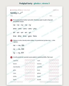 Głoska „r” — ćwiczenia logopedyczne, 6–9 lat, 6 kart PDF — podgląd karty, strona 3