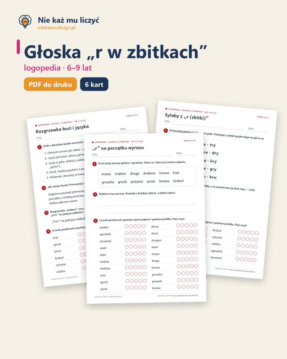 Głoska „r w zbitkach” — ćwiczenia logopedyczne, 6–9 lat, 6 kart PDF — okładka