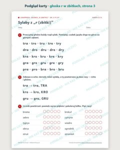Głoska „r w zbitkach” — ćwiczenia logopedyczne, 6–9 lat, 6 kart PDF — podgląd karty, strona 3