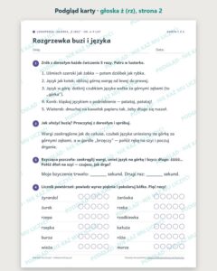 Głoska „ż (rz)” — ćwiczenia logopedyczne, 6–9 lat, 6 kart PDF — podgląd karty, strona 2