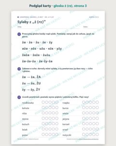 Głoska „ż (rz)” — ćwiczenia logopedyczne, 6–9 lat, 6 kart PDF — podgląd karty, strona 3