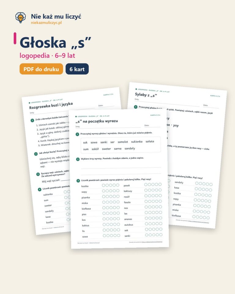 Głoska „s” — ćwiczenia logopedyczne, 6–9 lat, 6 kart PDF — okładka