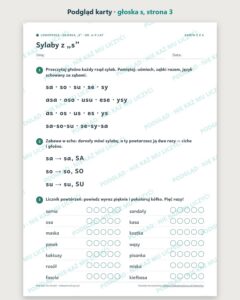 Głoska „s” — ćwiczenia logopedyczne, 6–9 lat, 6 kart PDF — podgląd karty, strona 3