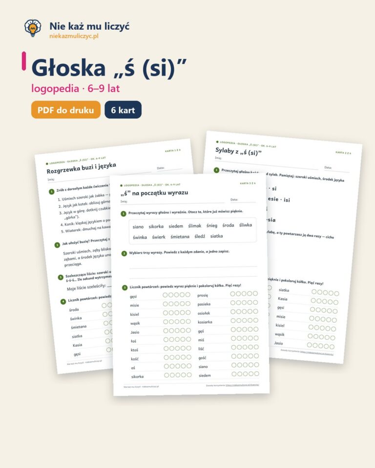 Głoska „ś (si)” — ćwiczenia logopedyczne, 6–9 lat, 6 kart PDF — okładka