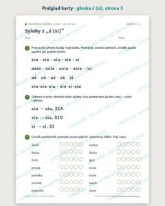 Głoska „ś (si)” — ćwiczenia logopedyczne, 6–9 lat, 6 kart PDF — podgląd karty, strona 3