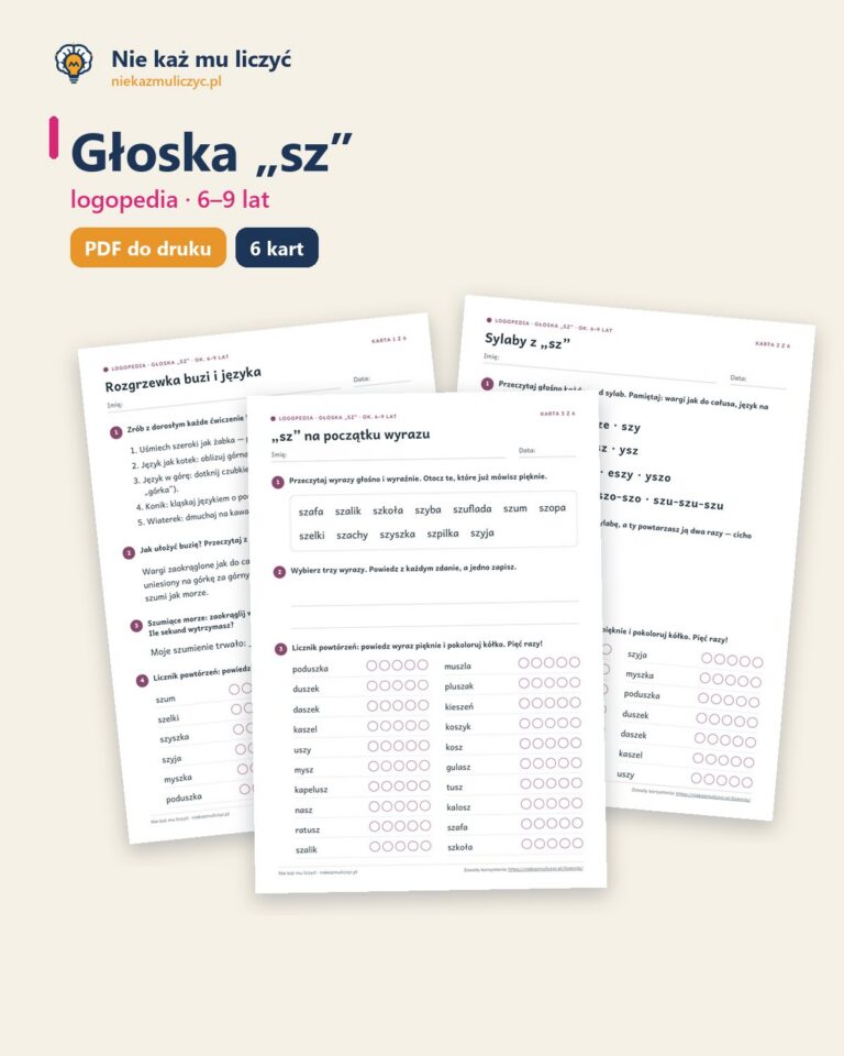 Głoska „sz” — ćwiczenia logopedyczne, 6–9 lat, 6 kart PDF — okładka