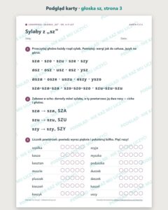 Głoska „sz” — ćwiczenia logopedyczne, 6–9 lat, 6 kart PDF — podgląd karty, strona 3