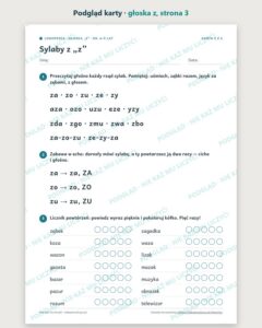 Głoska „z” — ćwiczenia logopedyczne, 6–9 lat, 6 kart PDF — podgląd karty, strona 3