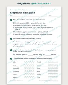 Głoska „ź (zi)” — ćwiczenia logopedyczne, 6–9 lat, 6 kart PDF — podgląd karty, strona 2