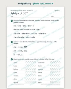 Głoska „ź (zi)” — ćwiczenia logopedyczne, 6–9 lat, 6 kart PDF — podgląd karty, strona 3