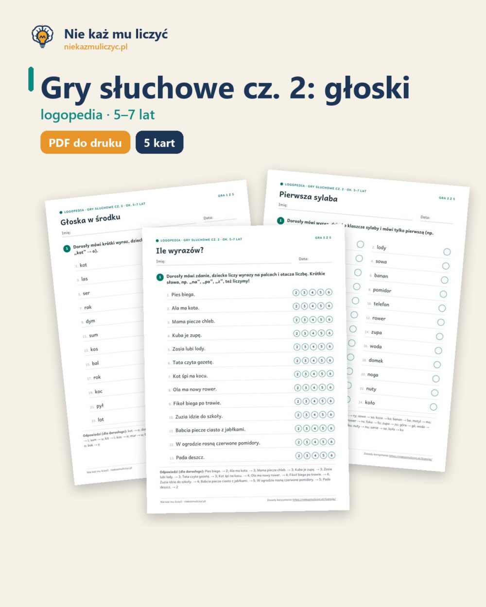 Gry słuchowe cz. 2: głoski, sylaby i wyrazy, 5–7 lat — 5 gier PDF — okładka