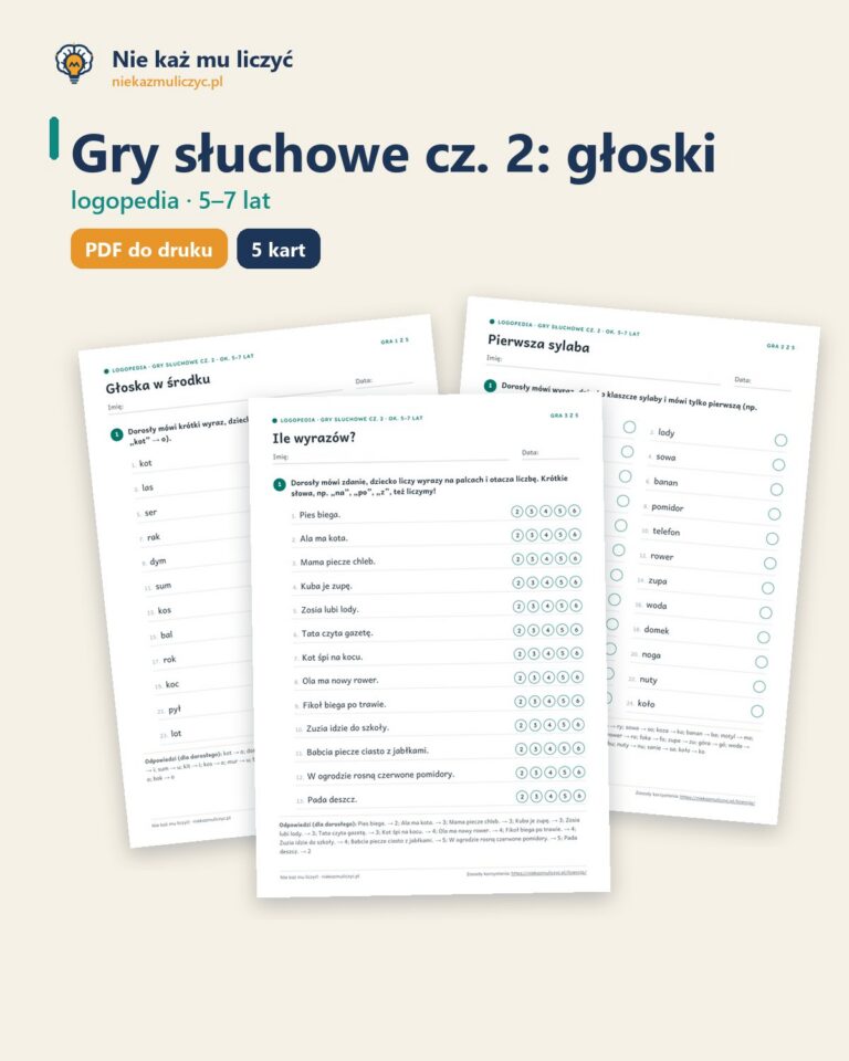 Gry słuchowe cz. 2: głoski, sylaby i wyrazy, 5–7 lat — 5 gier PDF — okładka