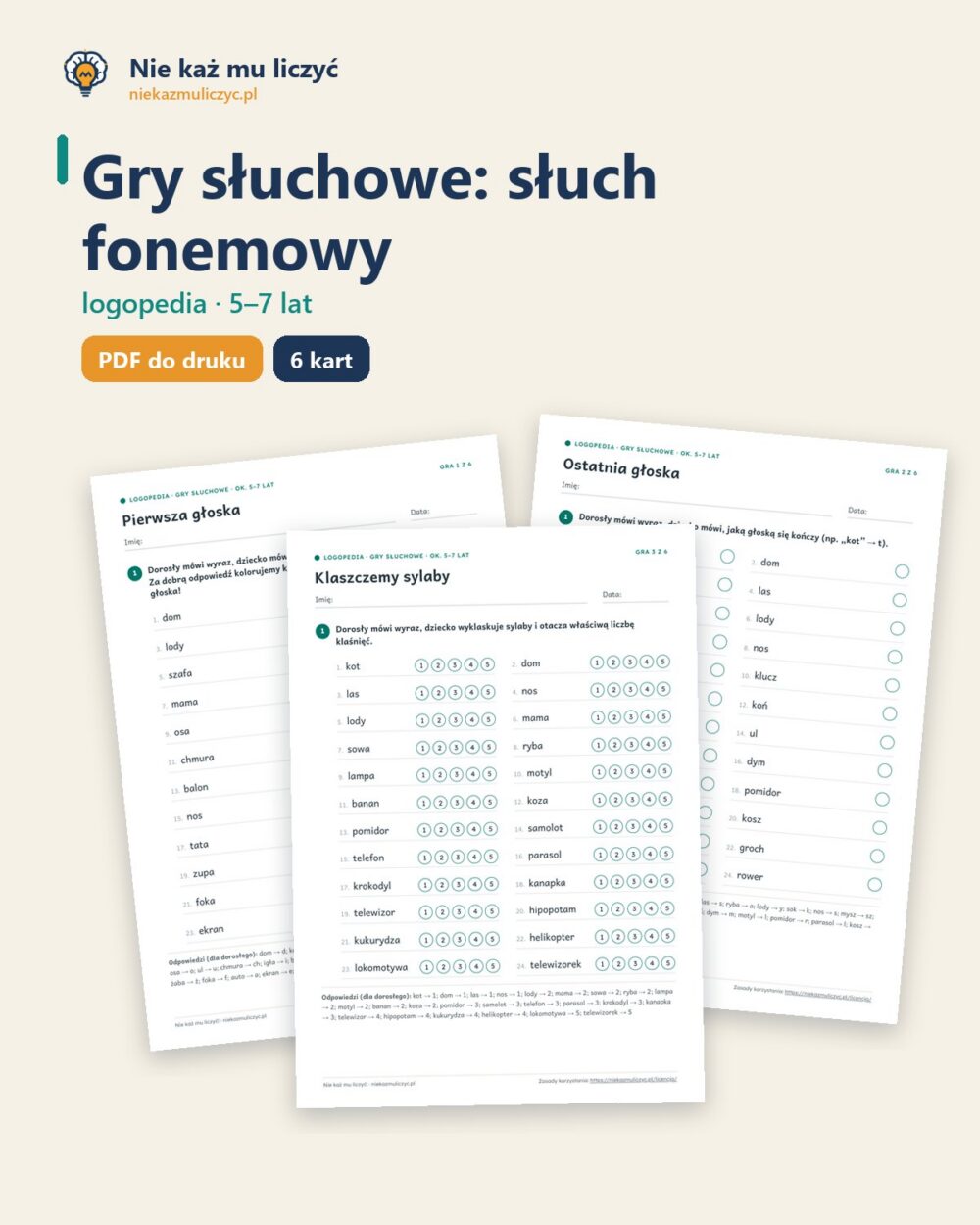 Gry słuchowe: słuch fonemowy, 5–7 lat — 6 gier PDF z odpowiedziami — okładka