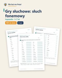 Gry słuchowe: słuch fonemowy, 5–7 lat — 6 gier PDF z odpowiedziami — okładka