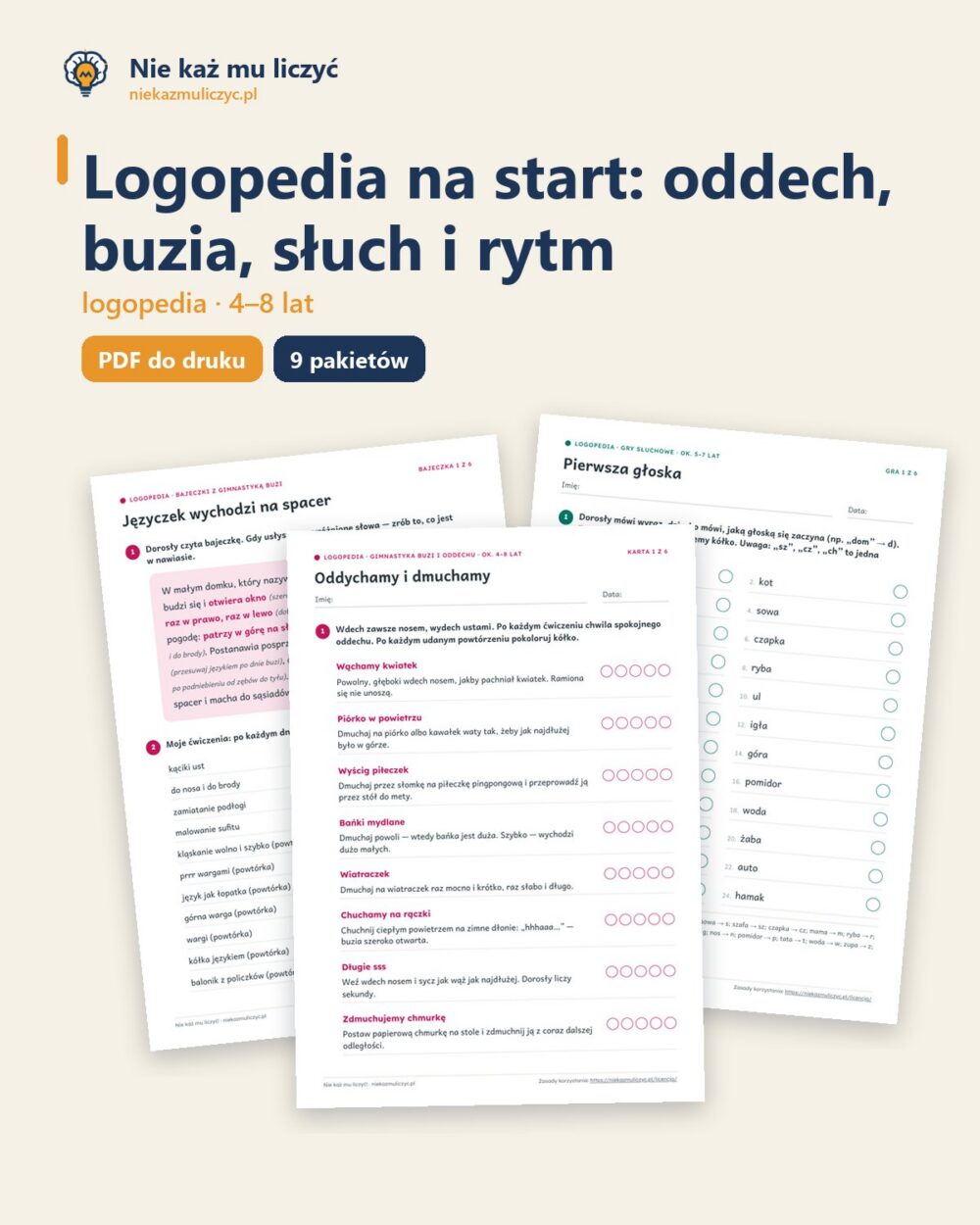 Logopedia na start: oddech, buzia, słuch i rytm — 9 pakietów, 4–8 lat — okładka