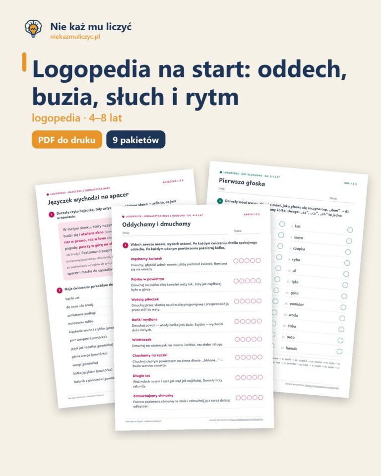 Logopedia na start: oddech, buzia, słuch i rytm — 9 pakietów, 4–8 lat — okładka