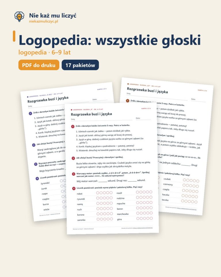 Logopedia: wszystkie głoski — 17 pakietów ćwiczeń, 6–9 lat (PDF) — okładka