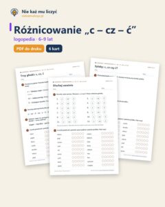 Różnicowanie „c – cz – ć” — karty logopedyczne, 6–9 lat, 6 kart PDF — okładka