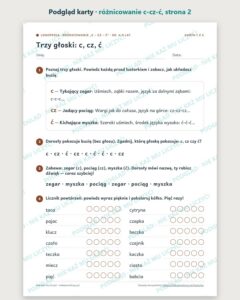 Różnicowanie „c – cz – ć” — karty logopedyczne, 6–9 lat, 6 kart PDF — podgląd karty, strona 2