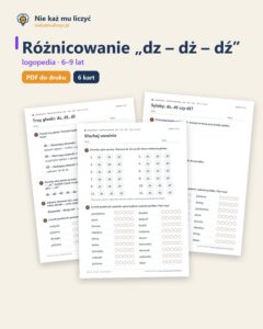 Różnicowanie „dz – dż – dź” — karty logopedyczne, 6–9 lat, 6 kart PDF — okładka
