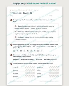 Różnicowanie „dz – dż – dź” — karty logopedyczne, 6–9 lat, 6 kart PDF — podgląd karty, strona 2