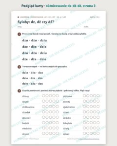 Różnicowanie „dz – dż – dź” — karty logopedyczne, 6–9 lat, 6 kart PDF — podgląd karty, strona 3