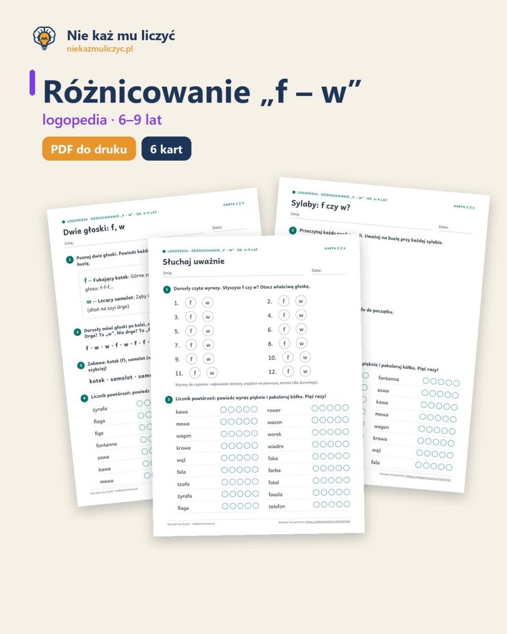 Różnicowanie „f – w” — ćwiczenia logopedyczne, 6–9 lat, 6 kart PDF — okładka