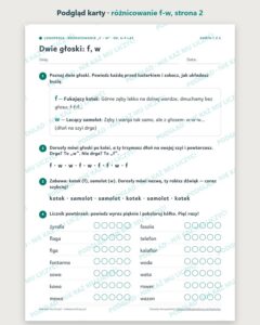 Różnicowanie „f – w” — ćwiczenia logopedyczne, 6–9 lat, 6 kart PDF — podgląd karty, strona 2