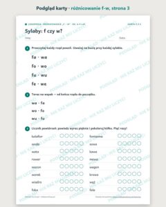 Różnicowanie „f – w” — ćwiczenia logopedyczne, 6–9 lat, 6 kart PDF — podgląd karty, strona 3