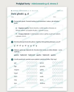 Różnicowanie „g – d” — ćwiczenia logopedyczne, 6–9 lat, 6 kart PDF — podgląd karty, strona 2