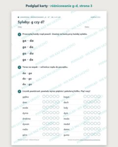 Różnicowanie „g – d” — ćwiczenia logopedyczne, 6–9 lat, 6 kart PDF — podgląd karty, strona 3