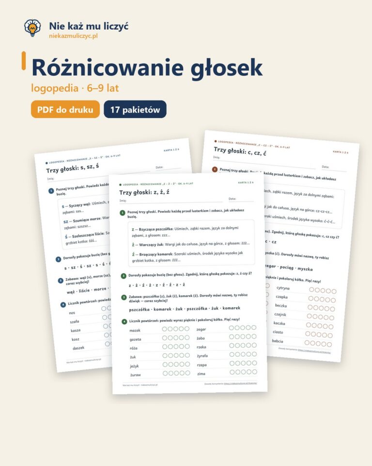 Różnicowanie głosek — komplet 17 pakietów logopedycznych, 6–9 lat — okładka