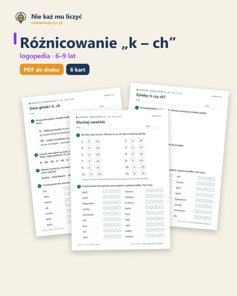 Różnicowanie „k – ch” — ćwiczenia logopedyczne, 6–9 lat, 6 kart PDF — okładka