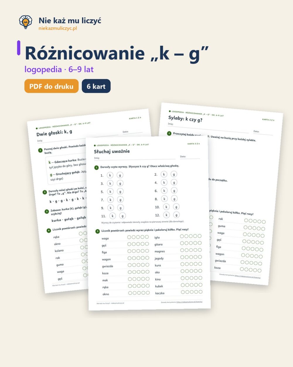 Różnicowanie „k – g” — ćwiczenia logopedyczne, 6–9 lat, 6 kart PDF — okładka
