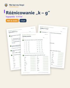 Różnicowanie „k – g” — ćwiczenia logopedyczne, 6–9 lat, 6 kart PDF — okładka