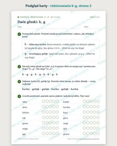 Różnicowanie „k – g” — ćwiczenia logopedyczne, 6–9 lat, 6 kart PDF — podgląd karty, strona 2