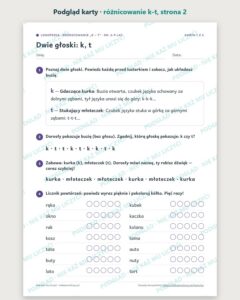 Różnicowanie „k – t” — ćwiczenia logopedyczne, 6–9 lat, 6 kart PDF — podgląd karty, strona 2