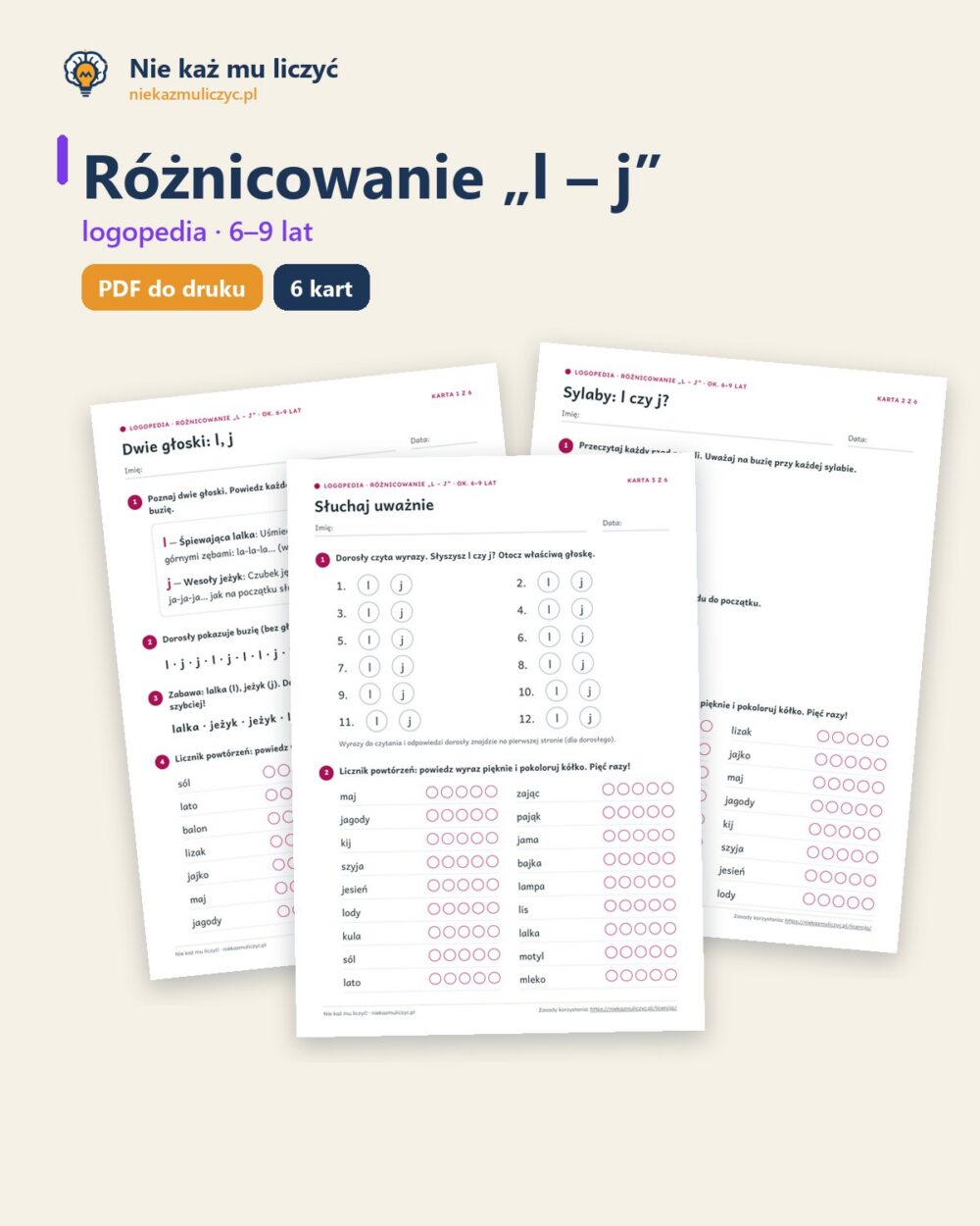Różnicowanie „l – j” — ćwiczenia logopedyczne, 6–9 lat, 6 kart PDF — okładka