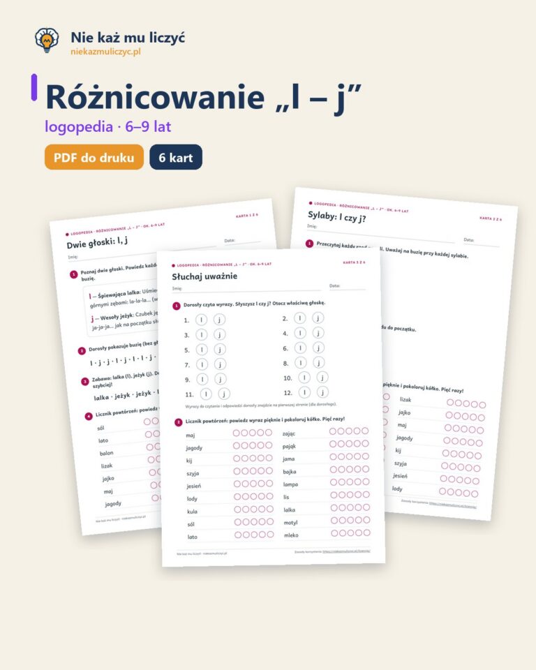 Różnicowanie „l – j” — ćwiczenia logopedyczne, 6–9 lat, 6 kart PDF — okładka