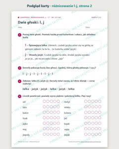 Różnicowanie „l – j” — ćwiczenia logopedyczne, 6–9 lat, 6 kart PDF — podgląd karty, strona 2