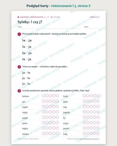 Różnicowanie „l – j” — ćwiczenia logopedyczne, 6–9 lat, 6 kart PDF — podgląd karty, strona 3