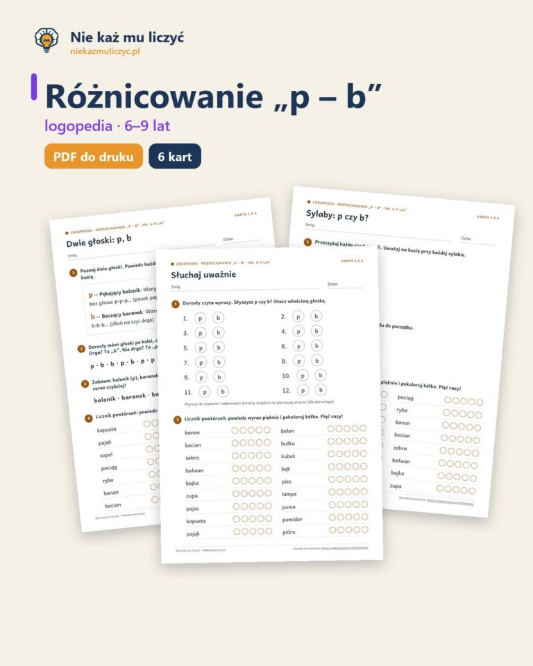 Różnicowanie „p – b” — ćwiczenia logopedyczne, 6–9 lat, 6 kart PDF — okładka
