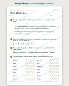Różnicowanie „p – b” — ćwiczenia logopedyczne, 6–9 lat, 6 kart PDF — podgląd karty, strona 2