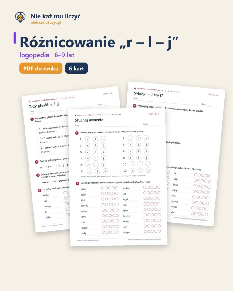 Różnicowanie „r – l – j” — ćwiczenia logopedyczne, 6–9 lat, 6 kart PDF — okładka