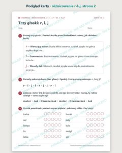 Różnicowanie „r – l – j” — ćwiczenia logopedyczne, 6–9 lat, 6 kart PDF — podgląd karty, strona 2